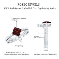 Natural Princess Cut Garnet Diamond Wedding Bridal Ring Set