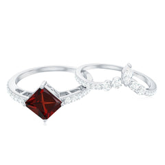 Natural Princess Cut Garnet Diamond Wedding Bridal Ring Set