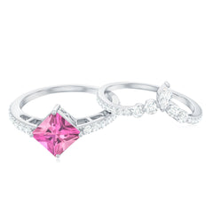 Princess Cut Solitaire Pink tourmaline Designer Ring Set with Moissanite