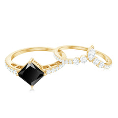 5mm Princess Cut Black Onyx Designer Wedding Rings Set with Moissanite