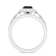 Genuine Princess Cut Garnet 3 Piece Bridal Ring Set with Moissanite