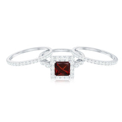 Genuine Princess Cut Garnet 3 Piece Bridal Ring Set with Moissanite