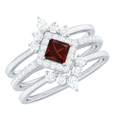 Natural Garnet Diamond 3 Piece Bridal Ring Set