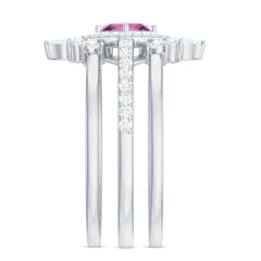 Real Pink tourmaline and Moissanite Trio Wedding Ring Set