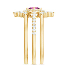 Real Pink tourmaline and Moissanite Trio Wedding Ring Set