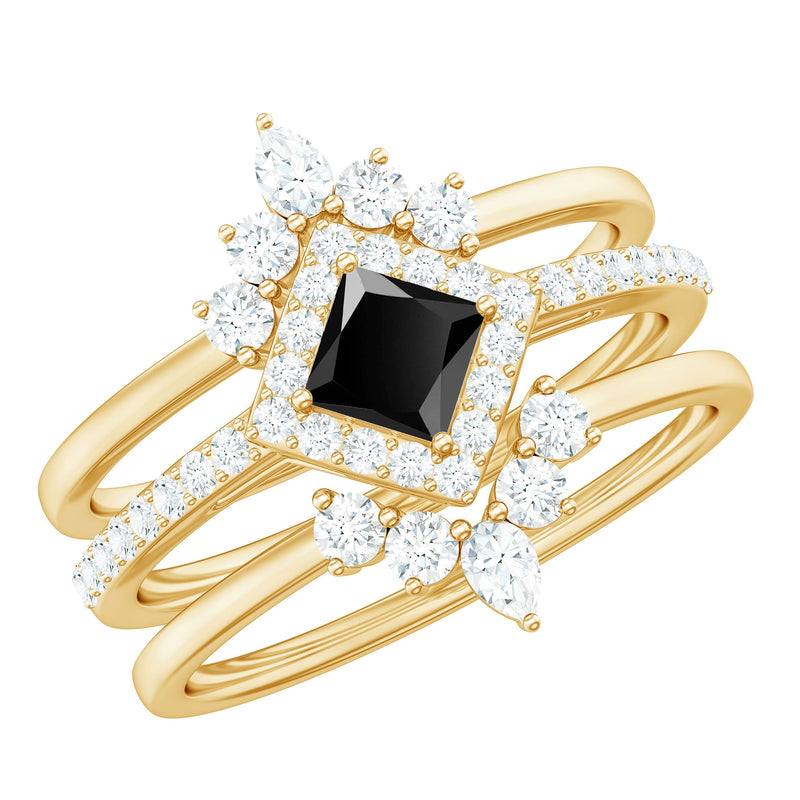 Certified 5mm Princess Cut Black Onyx Wedding Rings Set with Moissanite Band