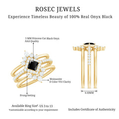Certified 5mm Princess Cut Black Onyx Wedding Rings Set with Moissanite Band