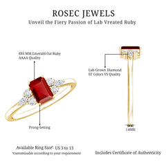 0.75 Carat Emerald Cut Lab Created Ruby and Diamond Promise Ring in Silver