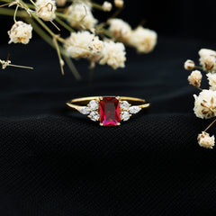 0.75 Carat Emerald Cut Lab Created Ruby and Diamond Promise Ring in Silver