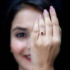 0.75 Carat Emerald Cut Lab Created Ruby and Diamond Promise Ring in Silver