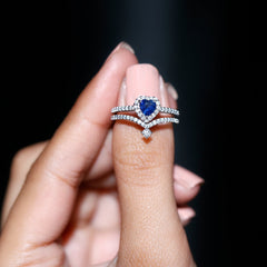 Heart Shape Blue Sapphire Ring Set with Moissanite