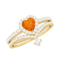 Heart Shape Fire Opal Ring Set with Moissanite