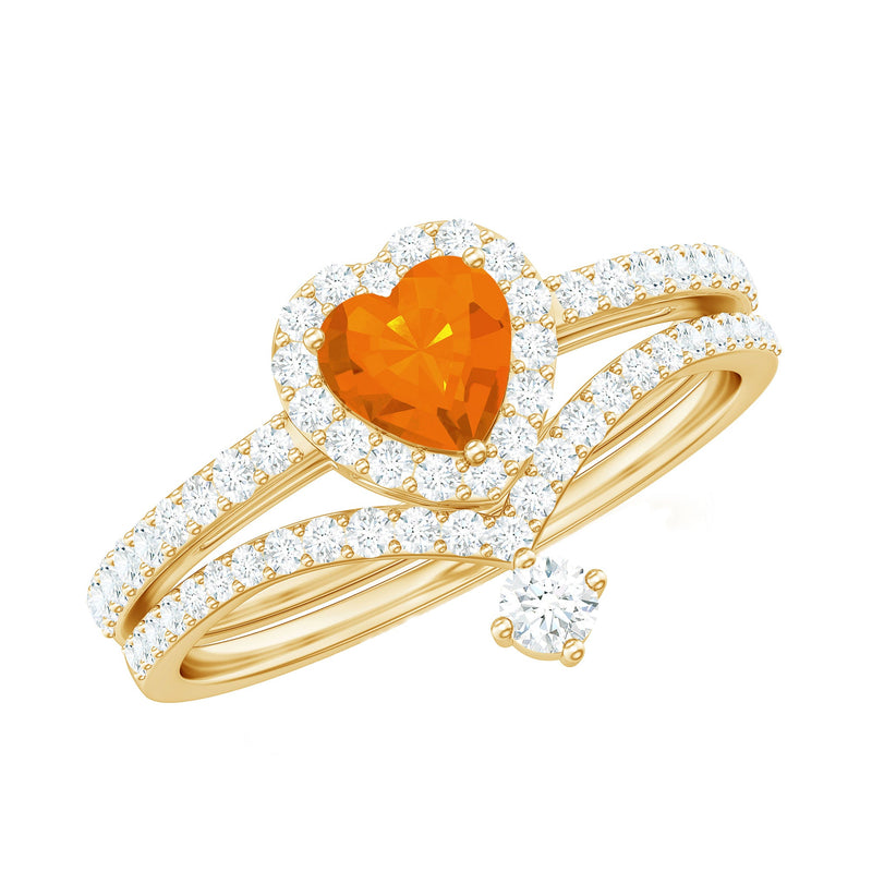 Heart Shape Fire Opal Ring Set with Moissanite