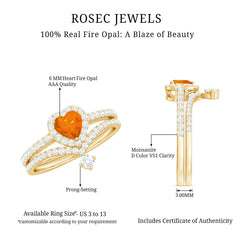 Heart Shape Fire Opal Ring Set with Moissanite