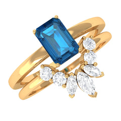 4X6mm Emerald Cut London Blue Topaz Solitaire Ring Set with Diamond