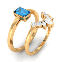 4X6mm Emerald Cut London Blue Topaz Solitaire Ring Set with Diamond