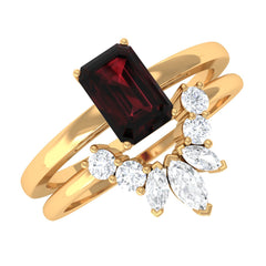 Genuine Garnet Diamond Emerald Cut Engagement Ring with Wedding Band