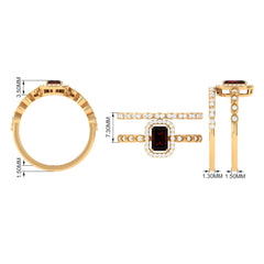 Vintage Looking Garnet Diamond Emerald Cut Wedding Bridal Ring Set