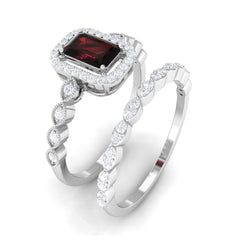 Vintage Looking Garnet Diamond Emerald Cut Wedding Bridal Ring Set