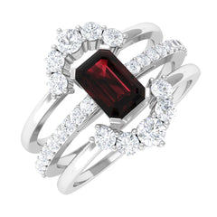 Natural Emerald Cut Garnet Diamond Trio Wedding Ring Set