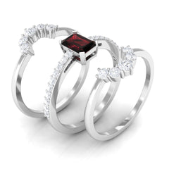 Natural Emerald Cut Garnet Diamond Trio Wedding Ring Set