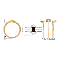 Natural Emerald Cut Garnet Diamond Trio Wedding Ring Set