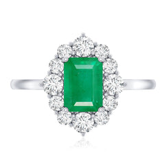 Certified Real Emerald Cut Emerald Engagement Ring with Diamond Halo
