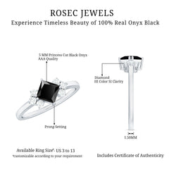Princess Cut Black Onyx Promise Ring with Diamond Trio