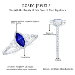 Vintage Style 0.7 Carat Lab Grown Blue Sapphire Marquise Engagement Ring with Diamond Trio
