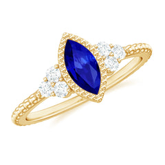 Vintage Style 0.7 Carat Lab Grown Blue Sapphire Marquise Engagement Ring with Diamond Trio
