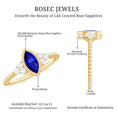 Vintage Style 0.7 Carat Lab Grown Blue Sapphire Marquise Engagement Ring with Diamond Trio
