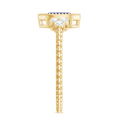 Vintage Style 0.7 Carat Lab Grown Blue Sapphire Marquise Engagement Ring with Diamond Trio