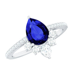 Certified 1.6 Carat Pear Lab Grown Blue Sapphire Designer Engagement Ring with Diamond