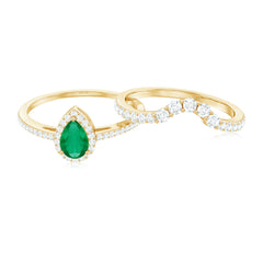 Natural Emerald Diamond Pear Shaped Engagement Wedding Ring Set of 2