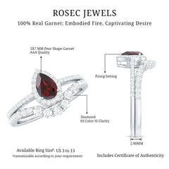 Natural 5X7mm Pear Shape Garnet Diamond Wedding Engagement Ring Set