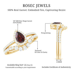 Natural 5X7mm Pear Shape Garnet Diamond Wedding Engagement Ring Set