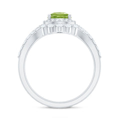 Real 1 Carat Peridot Pear Shaped Engagement Ring with Curved Enhancer