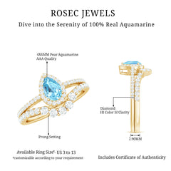 Aquamarine Designer Teardrop Ring Set with Diamond Halo