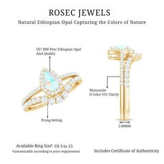 Certified Natural Ethiopian Opal Teardrop Wedding Engagement Ring Set of 2