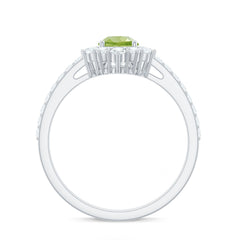 Natural 1 Carat Peridot Teardrop Engagement Ring with Diamond Half Halo