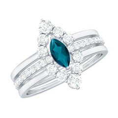 Marquise London Blue Topaz Bridal Ring Set with 2 Diamond Ring Guards