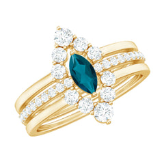 Marquise London Blue Topaz Bridal Ring Set with 2 Diamond Ring Guards