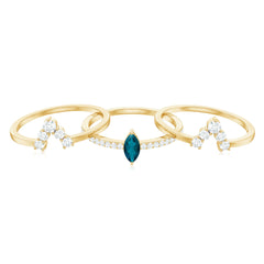 Marquise London Blue Topaz Bridal Ring Set with 2 Diamond Ring Guards