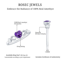 Real Amethyst Heart Promise Ring with Diamond