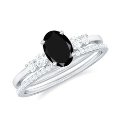 1.5 CT Oval Created Black Diamond Solitaire Ring Set with Diamond