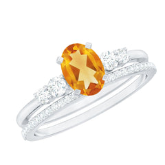 Natural Oval Citrine Diamond Wedding Bridal Ring Set of 2