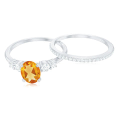 Natural Oval Citrine Diamond Wedding Bridal Ring Set of 2