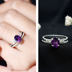 Oval Amethyst Solitaire Ring Set with Diamond