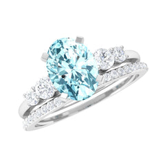 1 Carat Oval Shape Aquamarine Wedding Ring Set with Diamond
