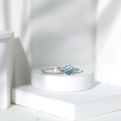 1 Carat Oval Shape Aquamarine Wedding Ring Set with Diamond